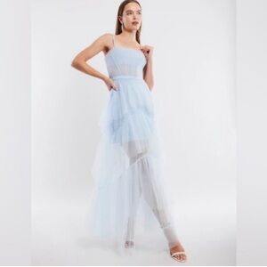 New! BCBGMAXAZRIA Sheer Tiered Ruffle Gown‎ in Kentucky Blue Sz 6 $498
